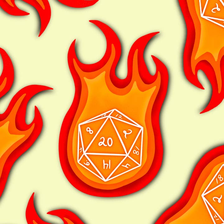 Flaming D20 Vinyl Sticker for wholesale by Lemon Dawn Studio