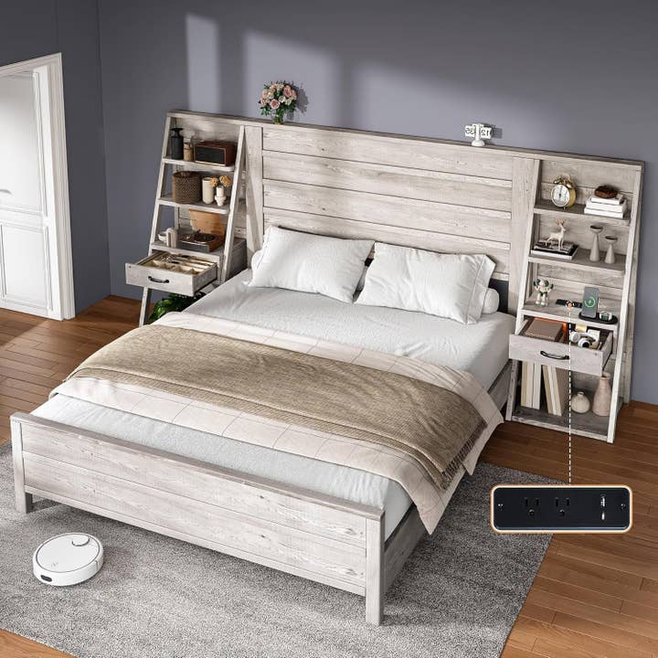 Rustic White King Platform Bed Frame With Bookcase Headboard USB Charging for wholesale on Faire5
