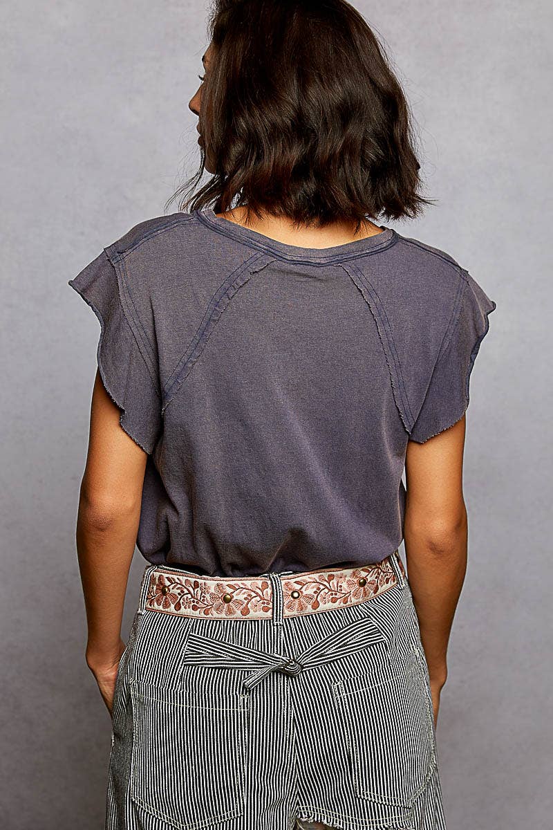 Pol Clothing - Wholesale T-Shirt - Women's - V-neck ruffle short sleeve solid basic cotton top44