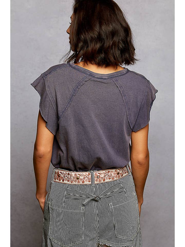 Pol Clothing - Wholesale T-Shirt - Women's - V-neck ruffle short sleeve solid basic cotton top44