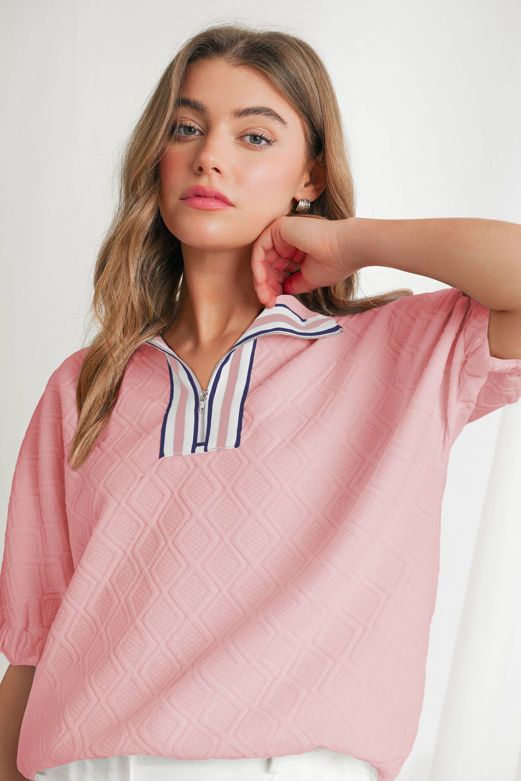 Aapparella - Wholesale Blouse - Women's - Textured Colorful Tape Zip Collared Top | S-XL5