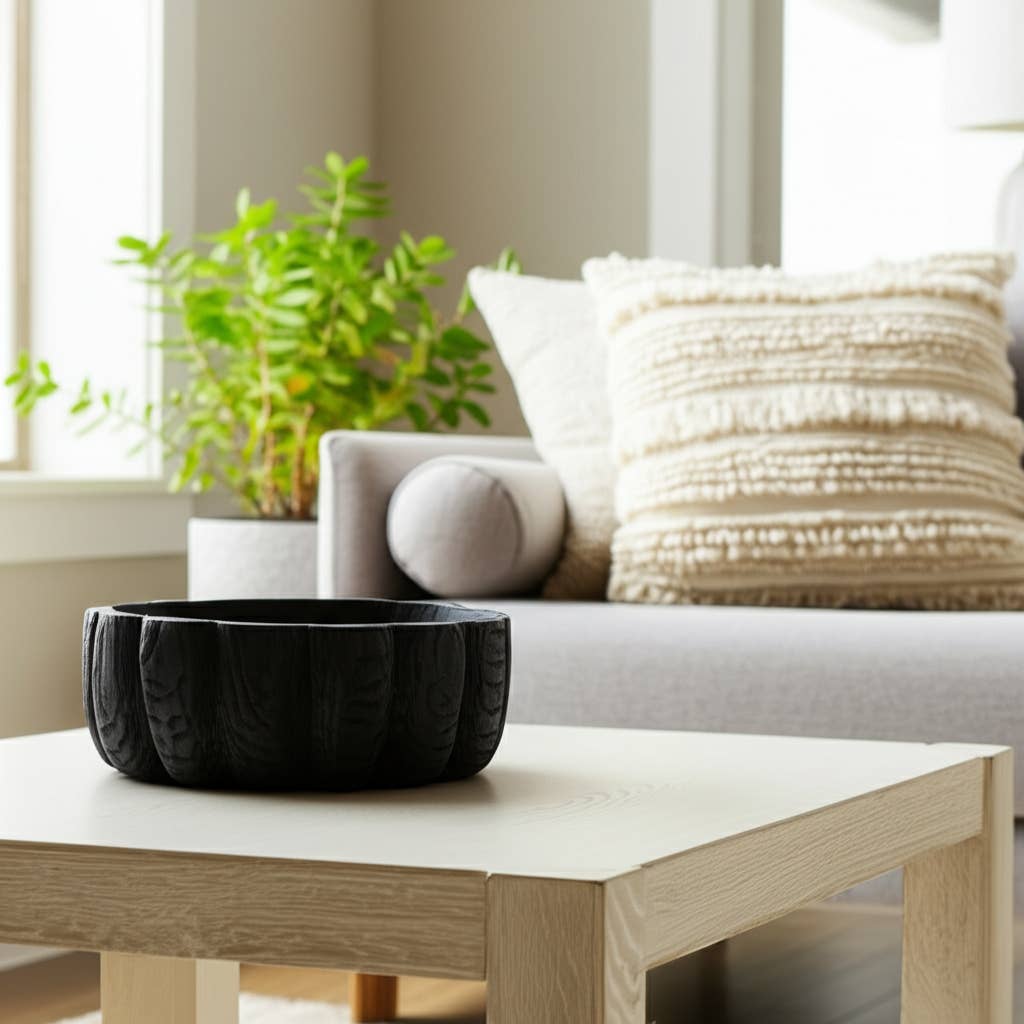 Sagebrook Home - Wholesale Decorative Plate/Dish/Bowl - Paulownia Wood Solid Round Scalloped Bowl - Black, 4 in.0