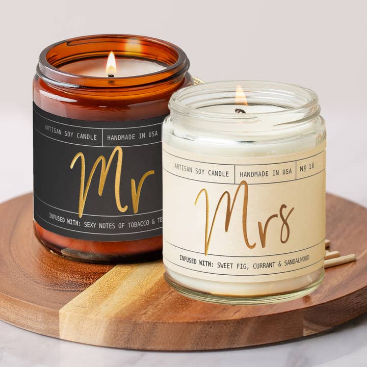 Mr & Mrs Soy Wedding Candles - Amber Jar - 9 oz Duo Set of 2 for wholesale by Soy and Sass