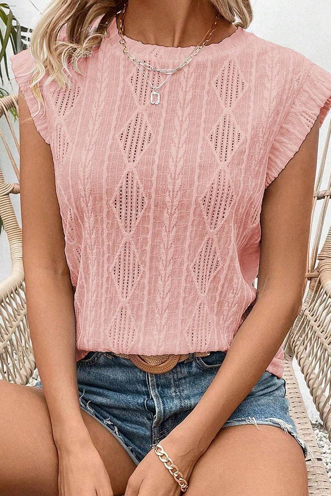 Comely Fashion - Wholesale Blouse - Women's - Solid Color Evelet Pleated Textured Summer Blouse0
