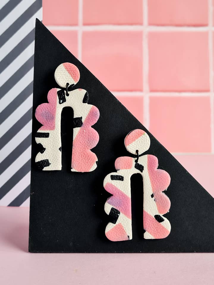 pink and black distressed handmade polymer clay earrings for wholesale by Mono