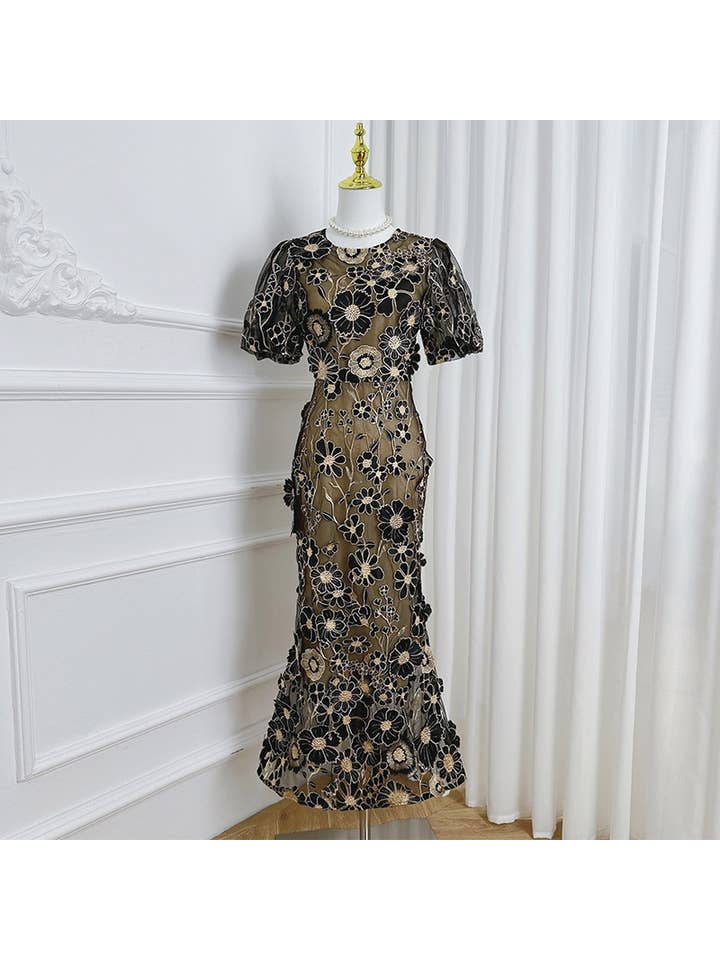 Sanyao Fashion - Wholesale Dress - Women's - SY474 3D Floral Embroidered Puff Sleeve Fishtail Skirt9