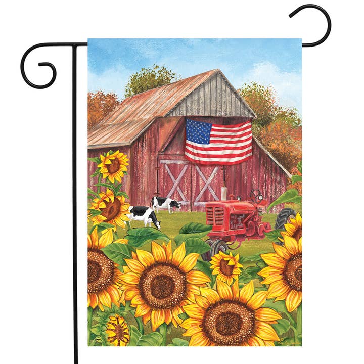 Sunflower Barn Fall Garden Flag for wholesale by Briarwood Lane