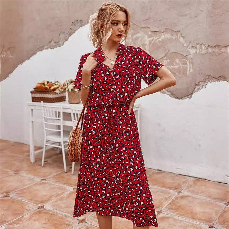 kycozy – wholesale Dress – Women's – Leopard Print Short Sleeve Midi Dress0