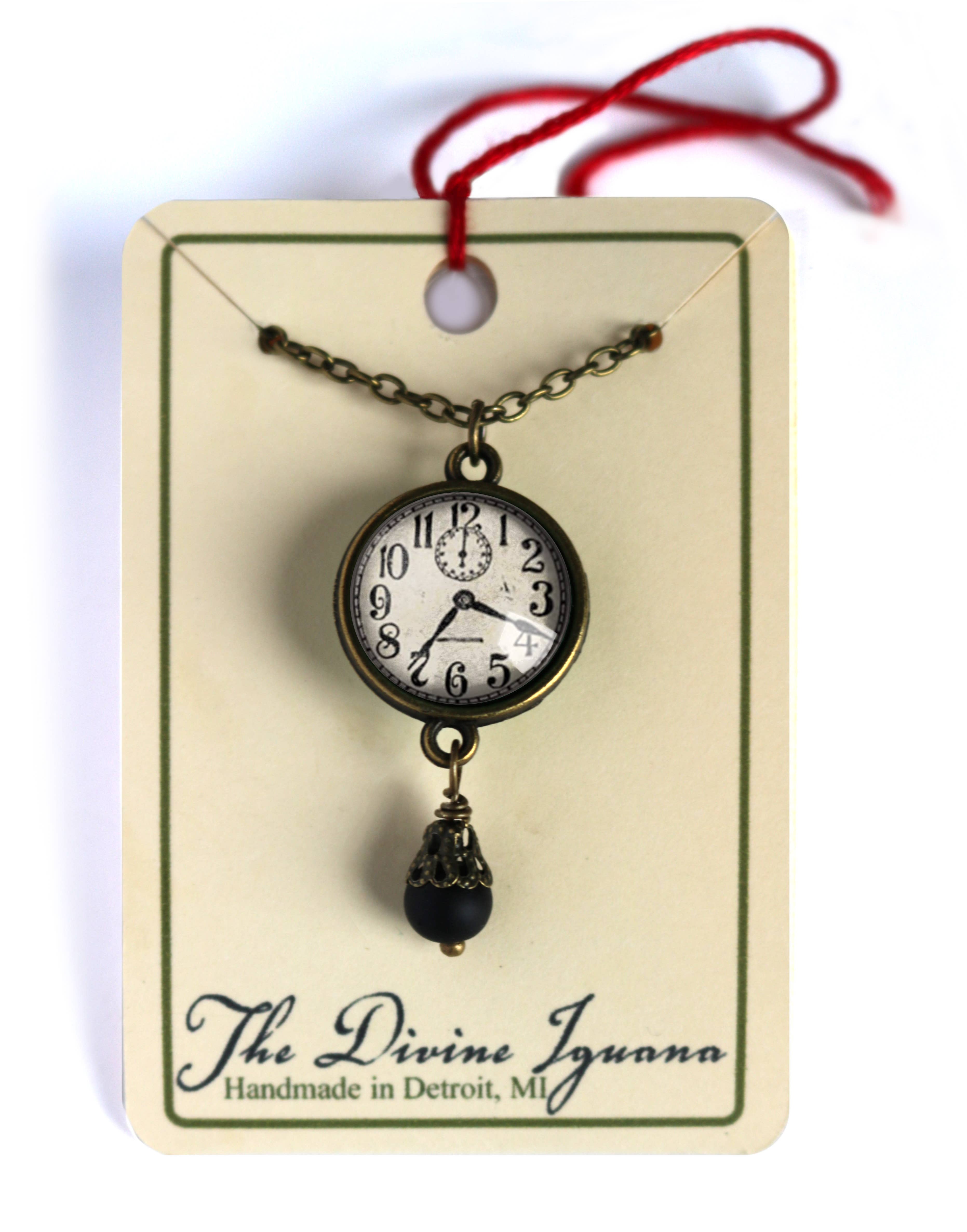 The Divine Iguana - Vendita all'ingrosso Collana con ciondolo/pendaglio - Collana con ciondolo Steampunk con orologio edoardiano con perlina2