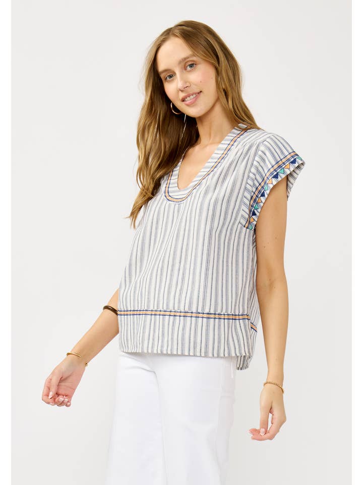 Off White Navy Embroidered Cap Sleeve Stripe Blouse for wholesale on Faire1