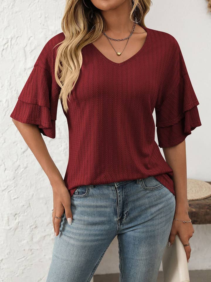 Lovesoft - Wholesale Blouse - Women's - 2025 Spring Solid Color V-Neck Ruffle Sleeve Short-Sleeve Top
