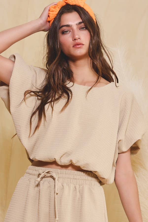 BUCKETLIST INC - Wholesale Knit Top - Women's - T2304-1 Bubble Hem And Sleeve Textured Crop Top1