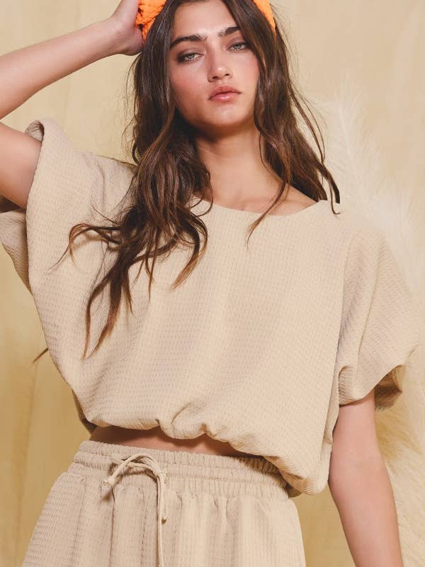 BUCKETLIST INC - Wholesale Knit Top - Women's - T2304-1 Bubble Hem And Sleeve Textured Crop Top1