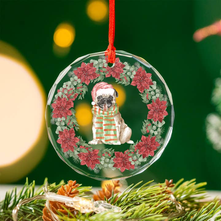 Glass Pug Christmas Ornaments, Mix & Match 3" Circle for wholesale by Pug Life