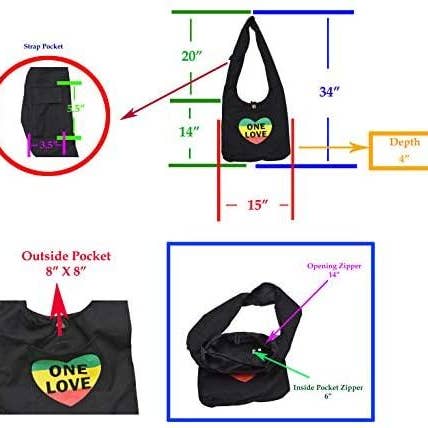 Mandala Crafts – wholesale Crossbody bag – Women's – Mandala Crafts Crossbody Shoulder Boho Bag, Bohemian Hippie Sling Purse for Women, Gifts (Black Rasta One Love)