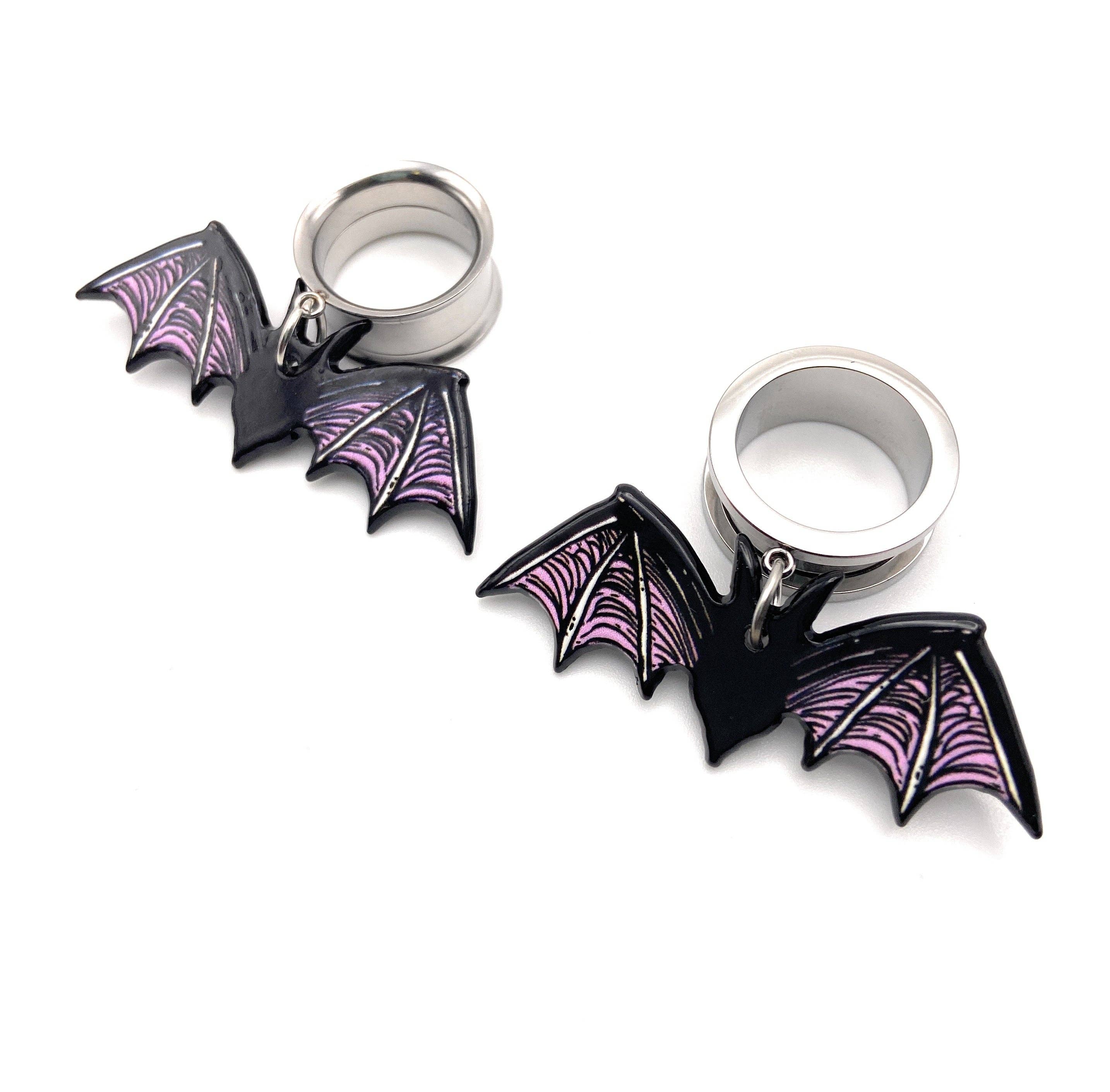 Eros Plugs - Wholesale Dangle Earrings - Spooky Purple and Black Bat Halloween Dangle Tunnels1