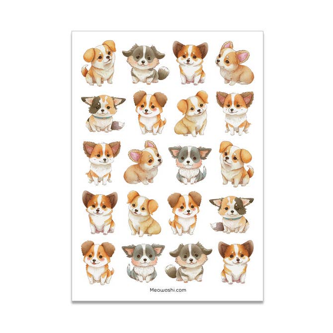 Adesivi trasferibili a sfregamento con cani acquerellati per la vendita all'ingrosso da parte di Meowashi Studio