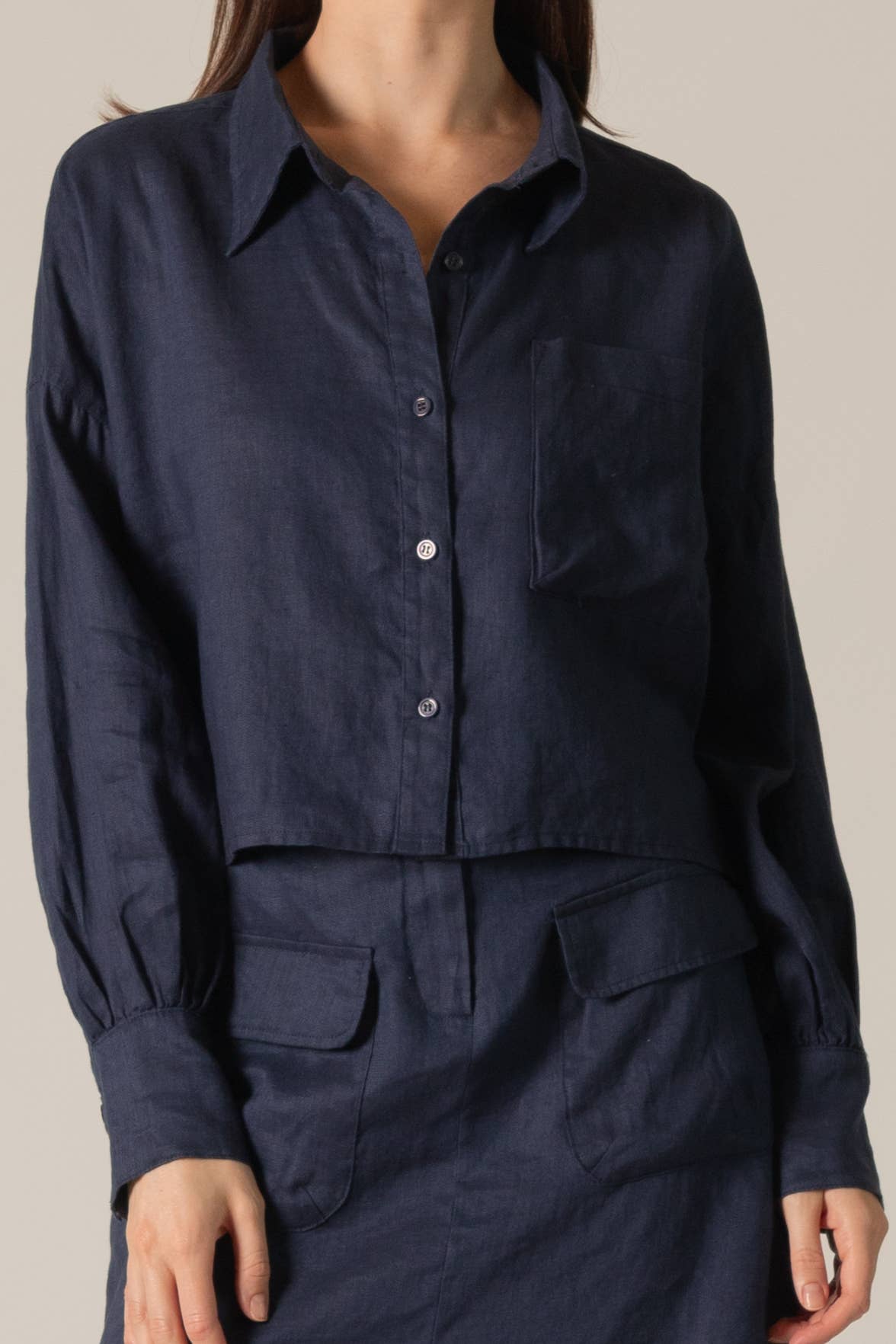 Natural P.CILL 100% Linen Cropped Button Up Shirt for wholesale on Faire4