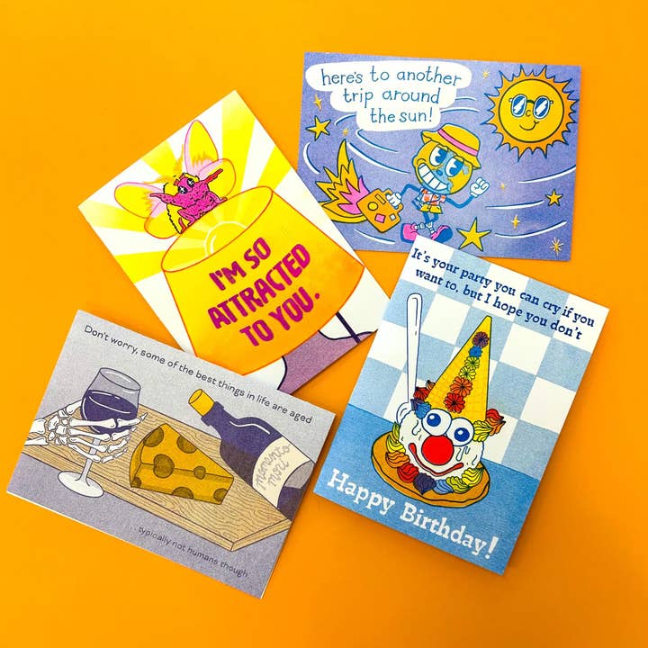 Foolish Designs - Wholesale Birthday Card - Crying Clown Cone Celebration Risograph Greeting Card3