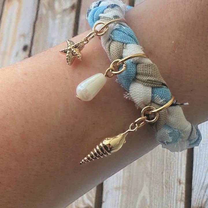 Shell Charm Bandana Bracelet / Coastal & Beach Style, Preppy for wholesale by Karma Cat Jewelry Co.