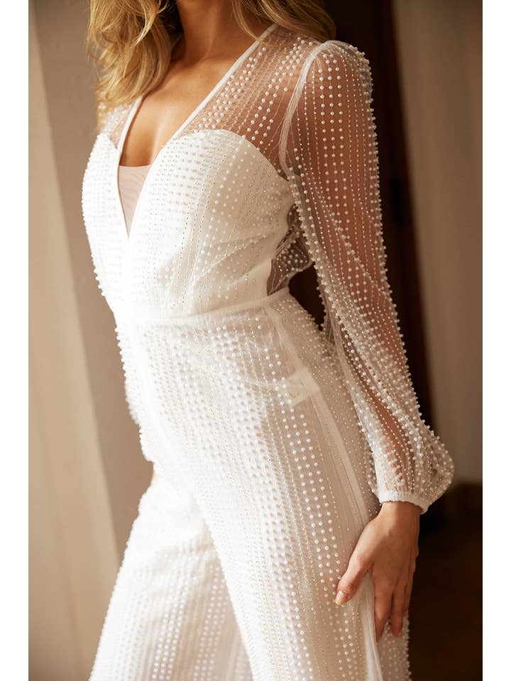 White OPEN BACK PEARL EMBELLISHED JUMPSUIT WITH LINING for wholesale on Faire