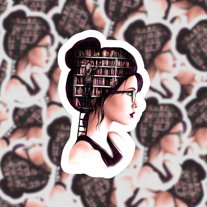 Girl with books in her head Sticker for wholesale by Crafted By Rebecca B