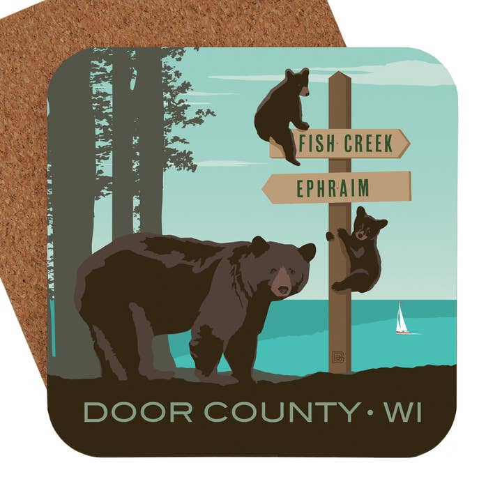 Door County, WI Bear Sign Coaster for wholesale by Tourist Courts