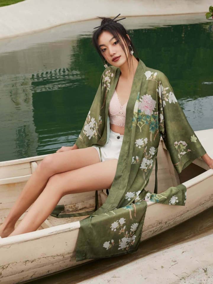 Floral Olive Kimono Robe for wholesale on Faire5