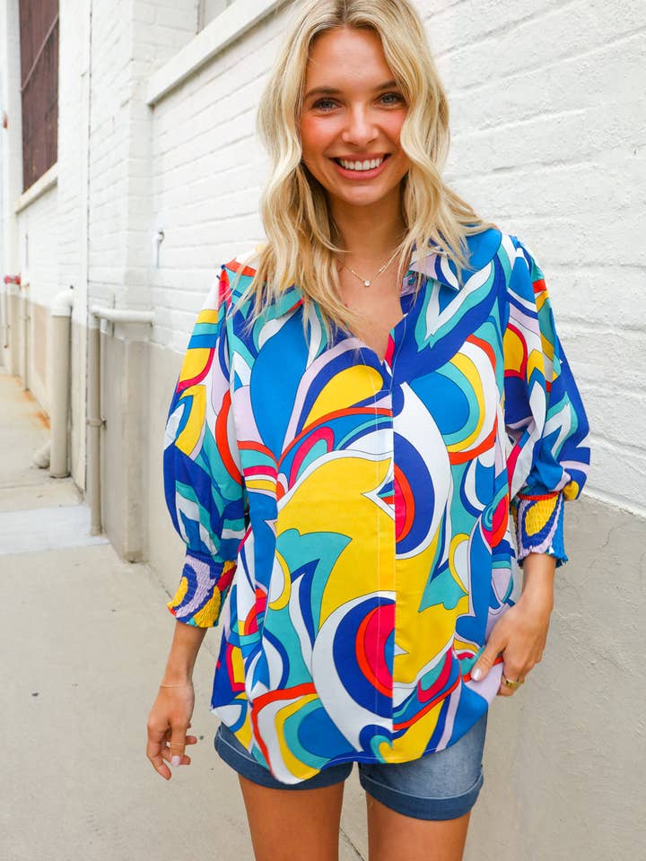 Promenade - Wholesale Button Down Shirt - Women's - Best in Bold Abstract Print Button-Down Smock Sleeve Top (Open Pack)