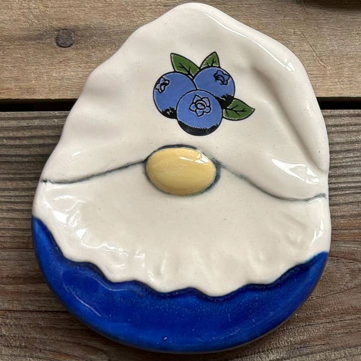 Ceramic blueberry gnome dish spoon rest or teabag holder for wholesale by August Ceramics