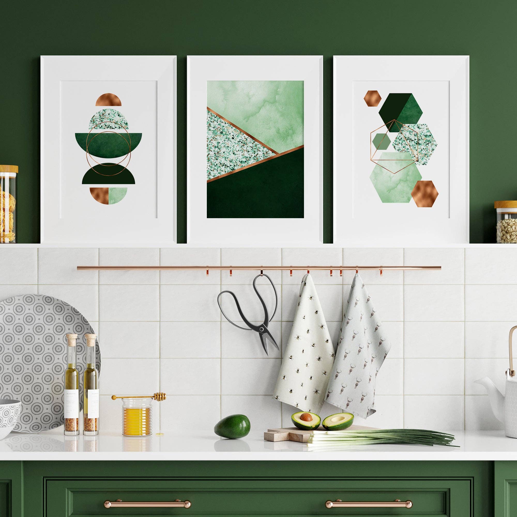 THE WALL HABITAT - Wholesale Gallery Wall Set - Set of 3 Green and Copper Wall Art Prints1