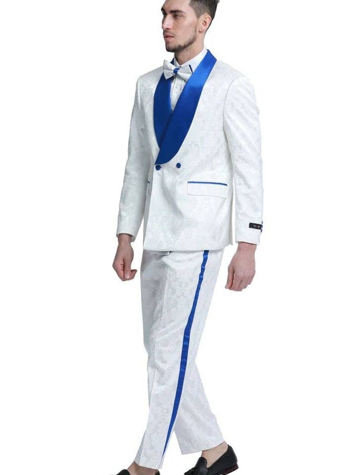 Chaqueta ajustada de cachemir de cachemir con doble botonadura para hombre, esmoquin de graduación y boda en blanco y azul real para venta al por mayor de Alberto Nardoni