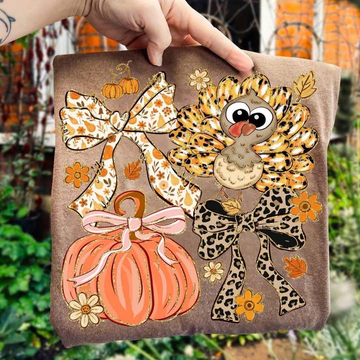 Bows, Turkey, & Pumpkin Tee for wholesale by Southern Faye Lane Co