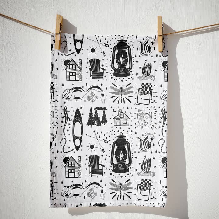 Dish Towel - Summer Fun (black & white) for wholesale by Natalie V. Mason