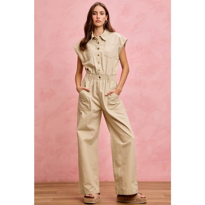 Vintage vasket jumpsuit med krave og vide ben for engroshandel hos IVE