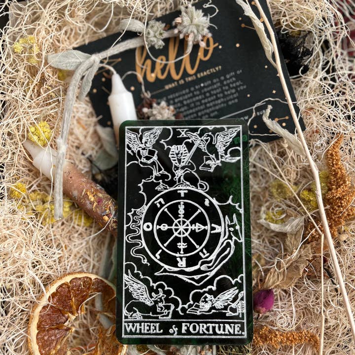 The Chaotic Good (previously The Great Cosmic Trust) - Venta al por mayor Cartas del tarot - Carta de tarot Wheel of Fortune - Altar verde esmeralda de 4 x 6 pulgadas