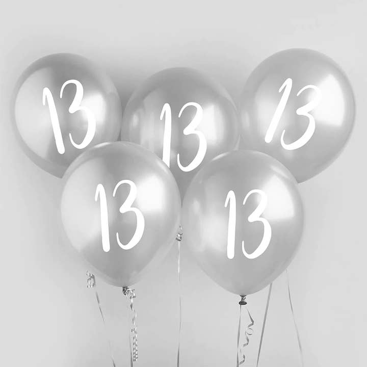Silver '13' Latex 12" Balloons 5 Pack for wholesale by Hootyballoo by Club Green