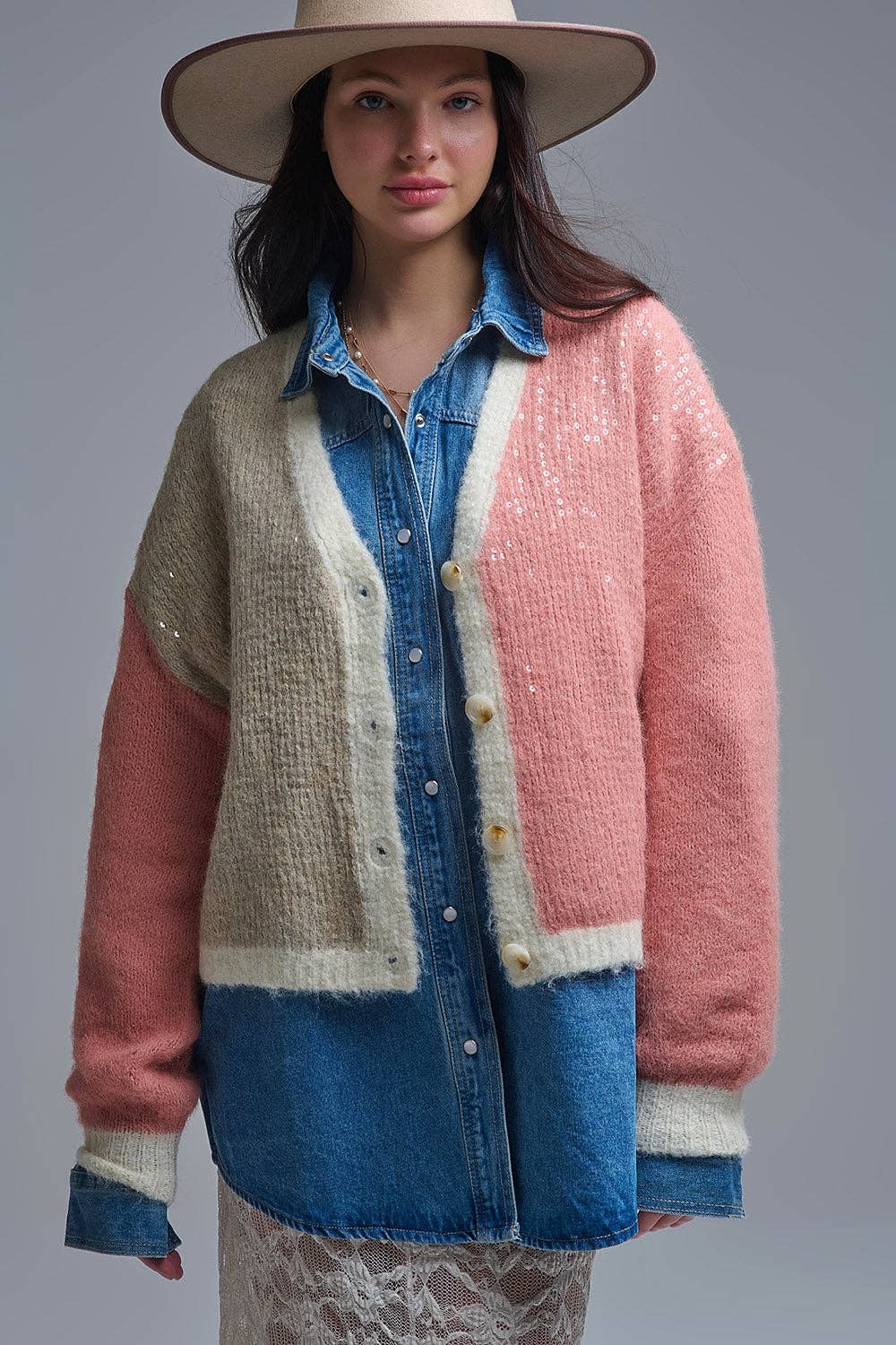 PINK Color-block Sequin V-Neck Cardigan for wholesale on Faire0