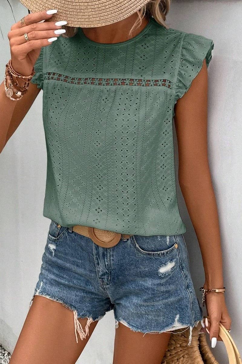 NINEXIS - Wholesale Blouse - Women's - CWTBLS0605_ ROUND NECK LACE RUFFLE SHORT SLEEVE BLOUSE TOP15