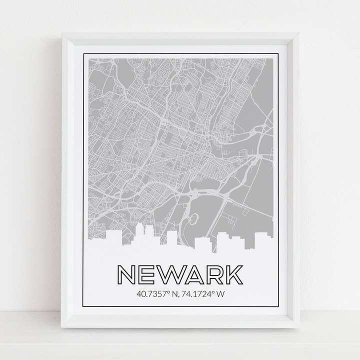Newark New Jersey imprime com mapa, linha do horizonte e coordenadas por atacado de Paperfinch Design