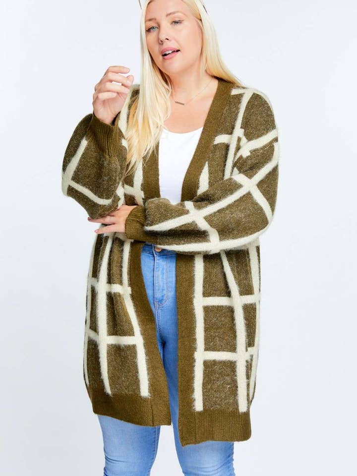 Davi & Dani - Vendita all'ingrosso Cardigan - Donna - CARDIGAN LUNGO A MANICHE LUNGHE IN TARTAN PLUS