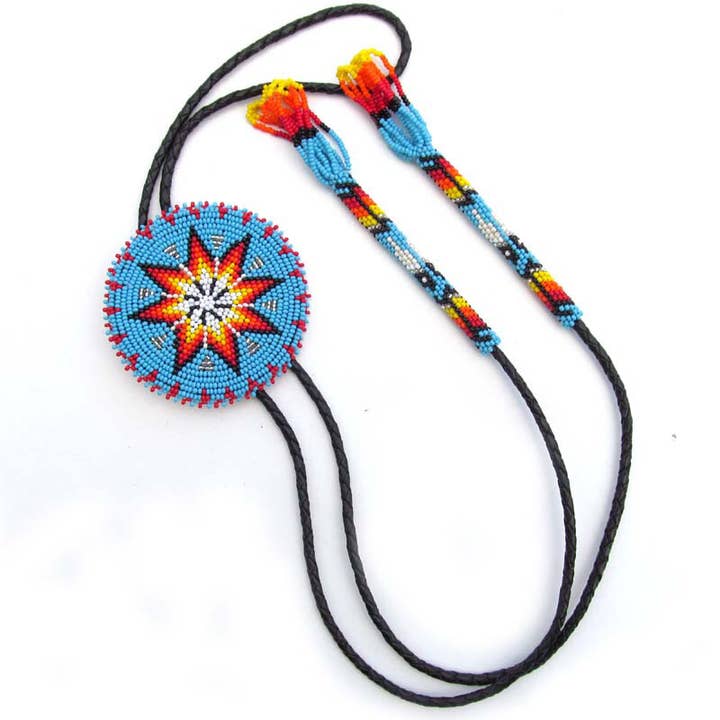 BEADS CORNER - Wholesale Pendant/Charm Necklace - Handcrafted Cyan Blue Seed Beaded leather Bolo Tie with Star Pattern