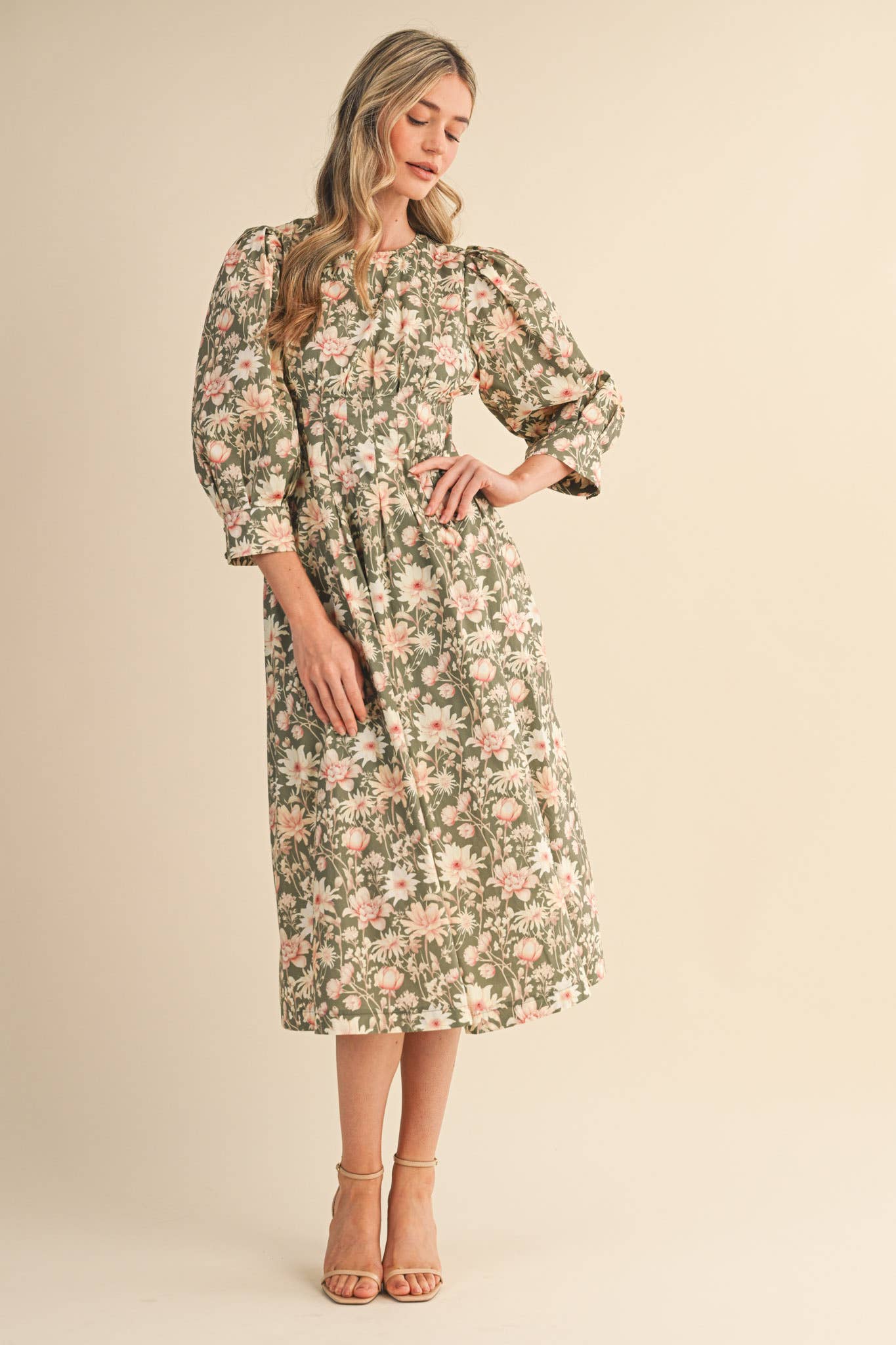 &MERCI - Wholesale Dress - Women's - FLORAL PRINT PLEATED WAIST MIDI DRESS MDR447711