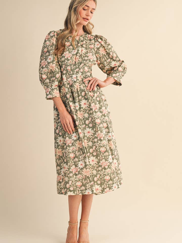 &MERCI - Wholesale Dress - Women's - FLORAL PRINT PLEATED WAIST MIDI DRESS MDR447711