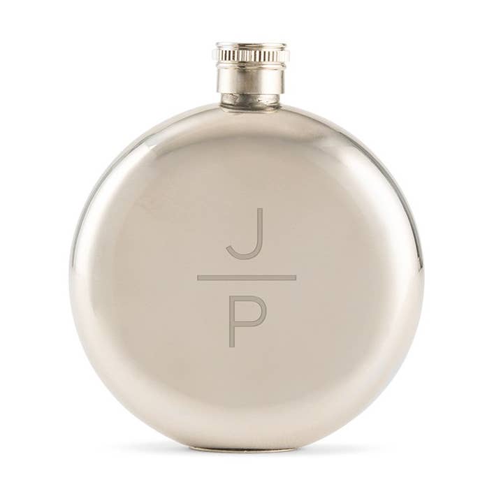 Personalized Steel Round Hip Flask - Stacked Monogram for wholesale by Weddingstar Inc.