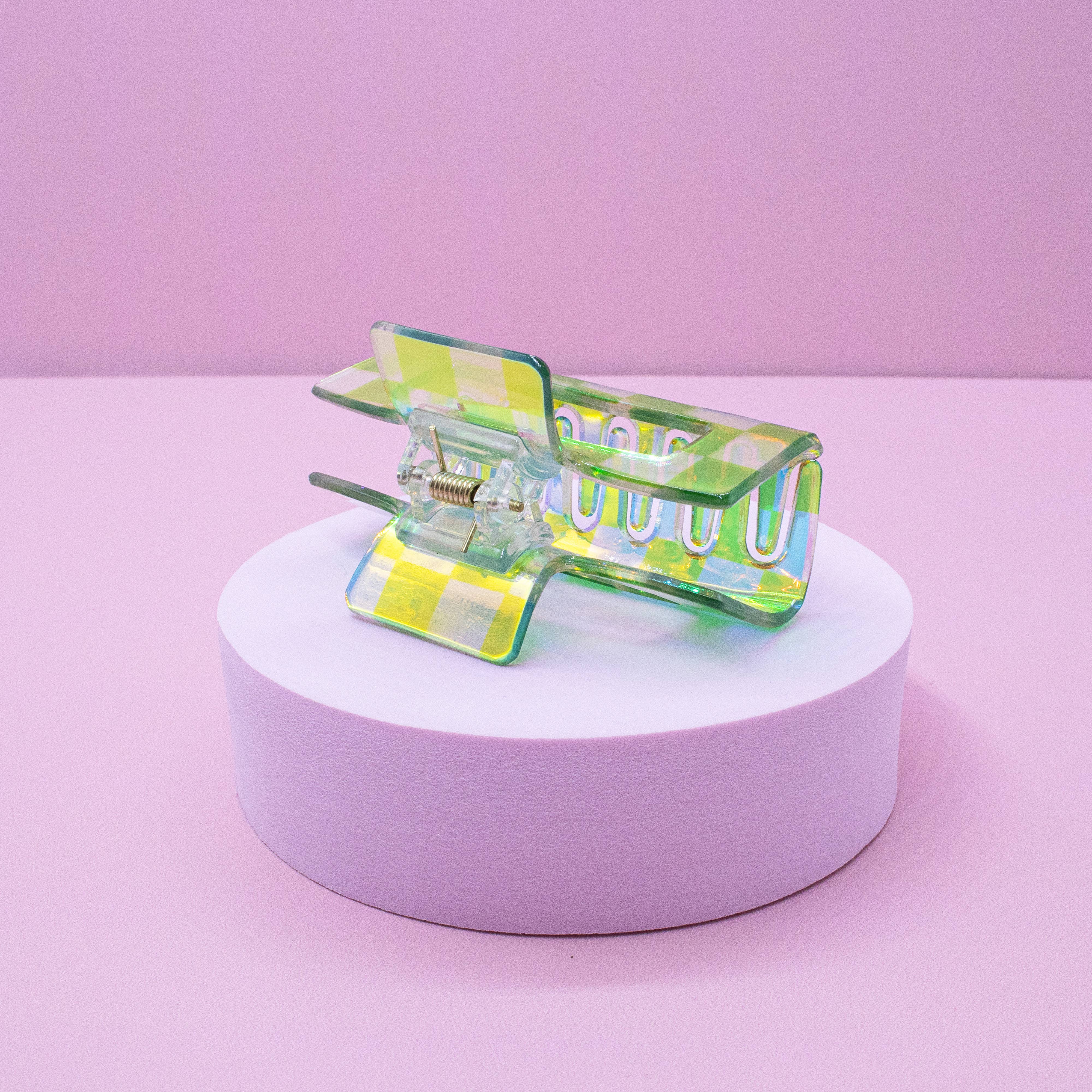 Frog Sac - Wholesale Hair Clip - Women's - Medium Square Iridescent Checkered Hair Claw Clip24