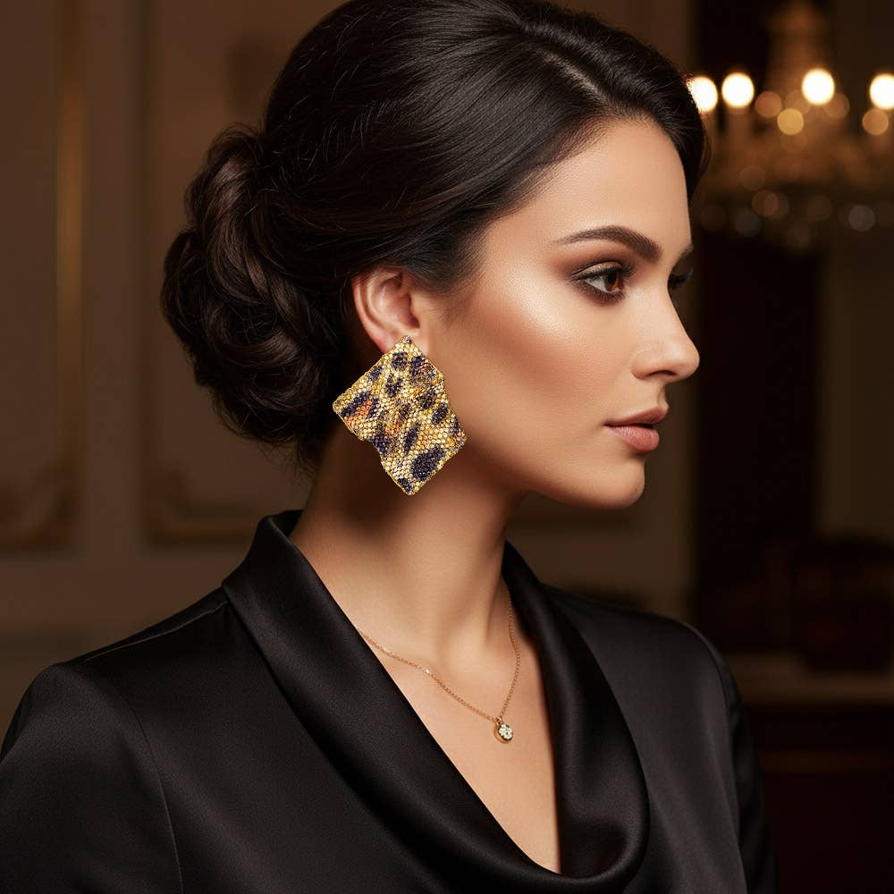 Sensibling Corp. - Wholesale Dangle Earrings - Bling Studded Leopard Pattern Abstract Plate Earrings1