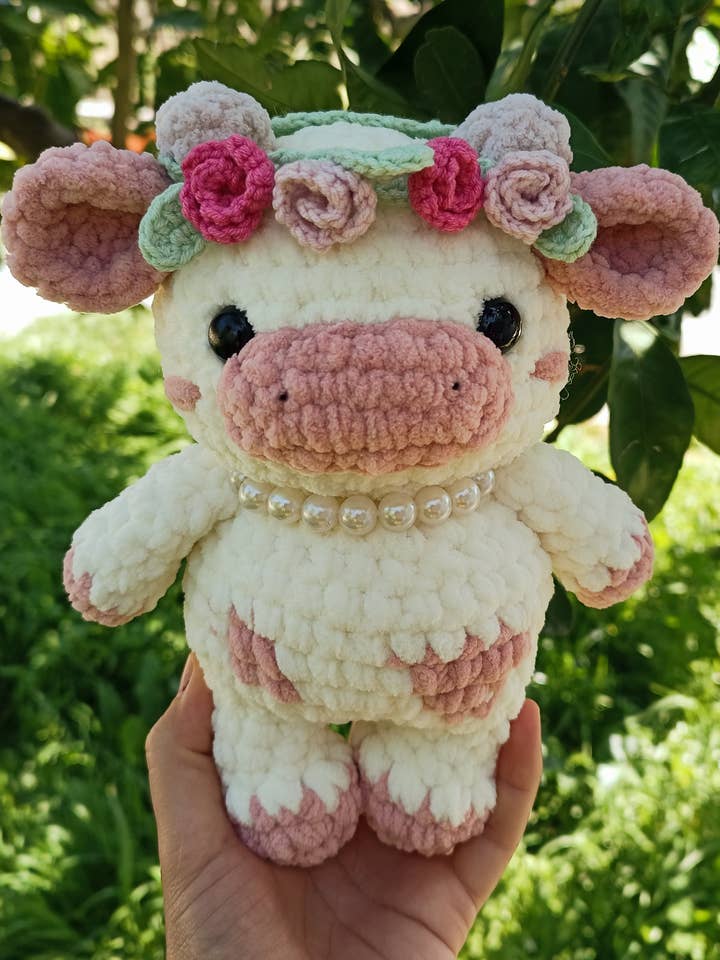 Flower Crown Cow Plush with Pearl Necklace Handmade Toy for wholesale by KLABELGIFT