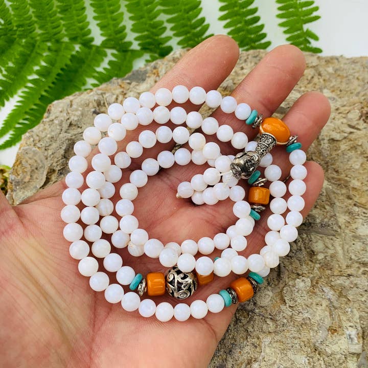 Lungta Imports - Wholesale Prayer Beads Necklace - Tibetan Buddhist Mala / Rosary 108 Glass Beads/ Tibetan Silver Spacers / Free Mala Pouch