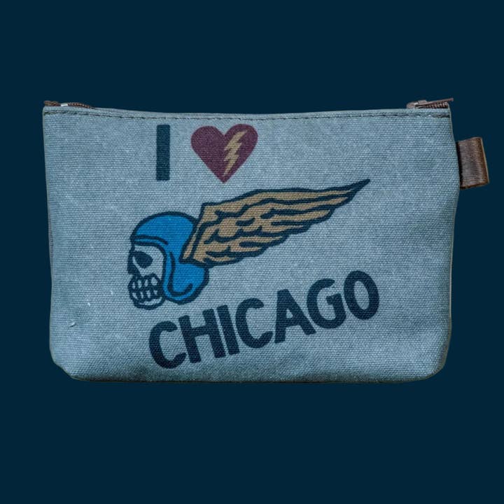 Amo Chicago | Estuche de lona MEDIANO impreso a mano para venta al por mayor de In Blue Handmade
